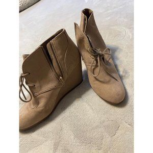 Almond Suede Lace-Up Wedge Booties